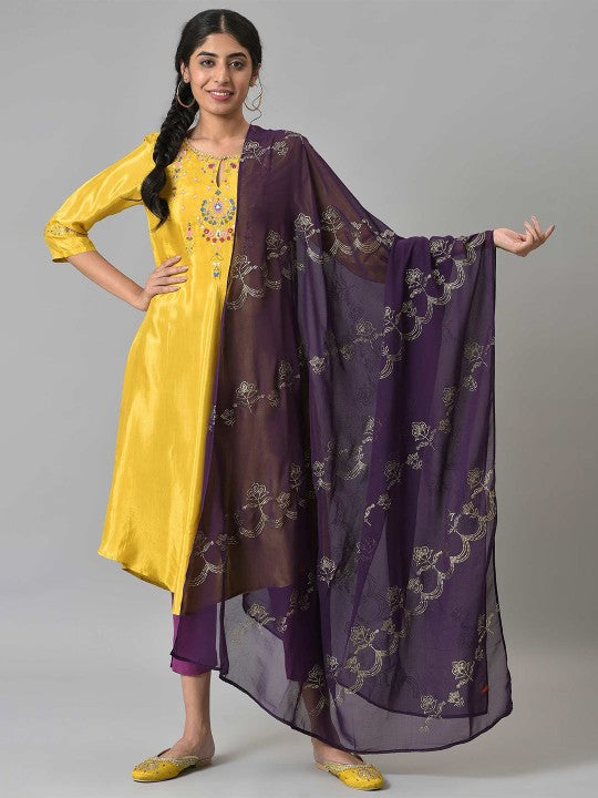 W Purple & Gold-Toned Embroidered Dupatta