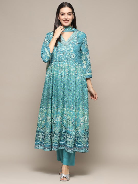 Biba Floral Printed Pure Cotton Kurta With Palazzo & Dupatta - Blue