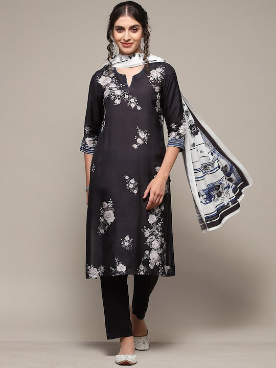 Biba Black Floral Printed round Neck Regular Kurta And Trousers & With Dupatta