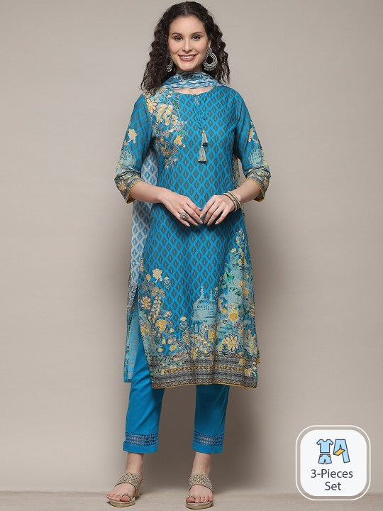 Biba Ethnic Motifs Printed Straight Kurta & Trousers With Dupatta