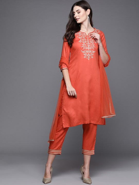 Biba Women Orange Embroidered Kurta with Trousers & Dupatta