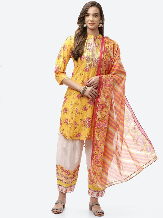 Biba Women Yellow Floral Printed Panelled Kurti with Salwar & With Dupatta