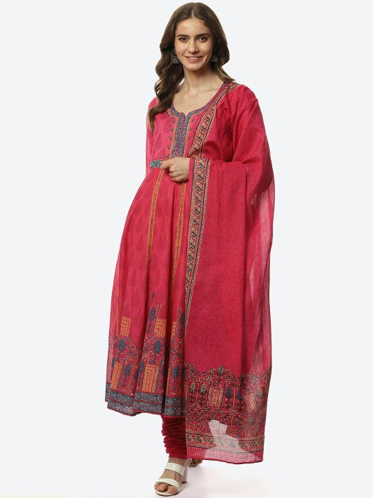 Biba Women Printed Anarkali Kurta with Churidar & With Dupatta