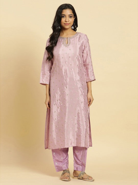 W Lilac & Gold-Toned Floral Zari Embroidered Keyhole Neck A-Line Kurta