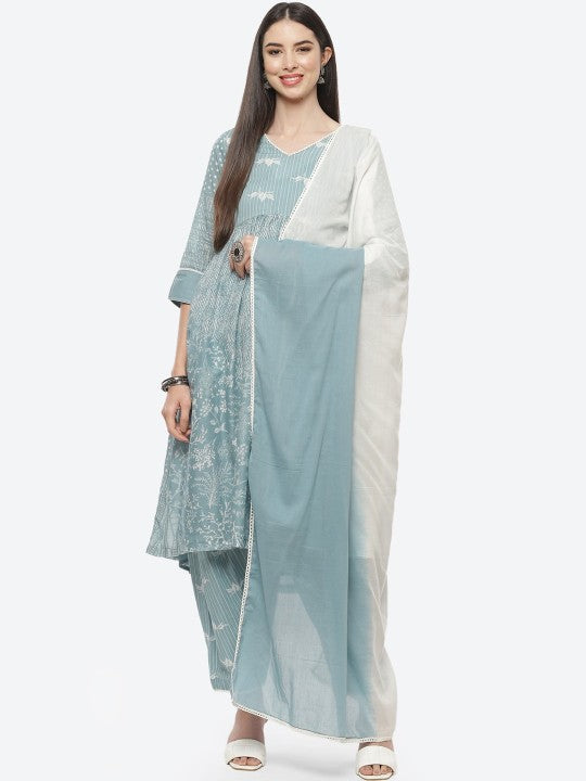 Biba Women Blue Printed Panelled Kurta with Salwar & Dupatta