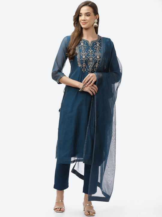 Biba Women Blue Floral Embroidered Tiered Kurta With Trousers & Dupatta