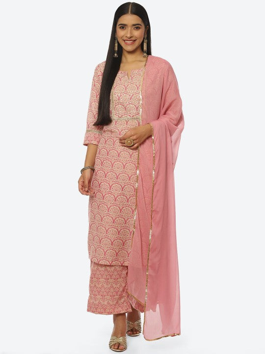 Biba Women Ethnic Motifs Printed Kurta with Palazzos & Dupatta - Peach