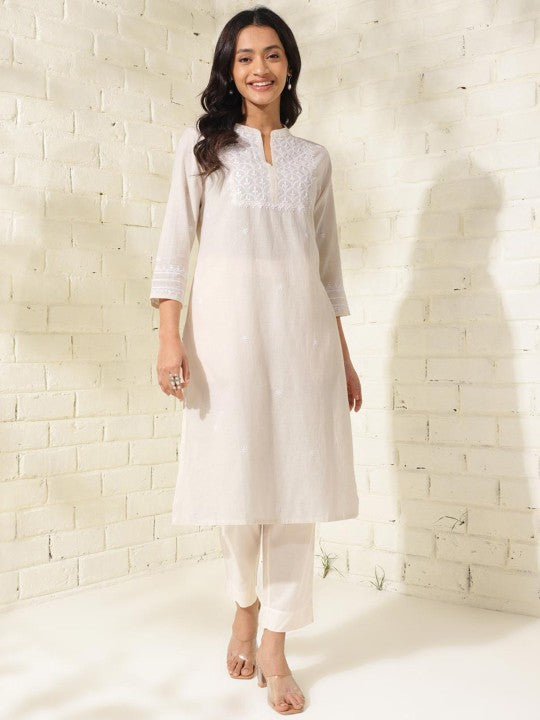 Fabindia Floral Embroidered Cotton High-Low Pathani Kurta