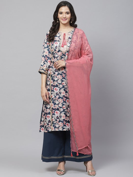 Biba Women Teal Blue & Beige Floral Printed Kurta with Palazzos & Dupatta