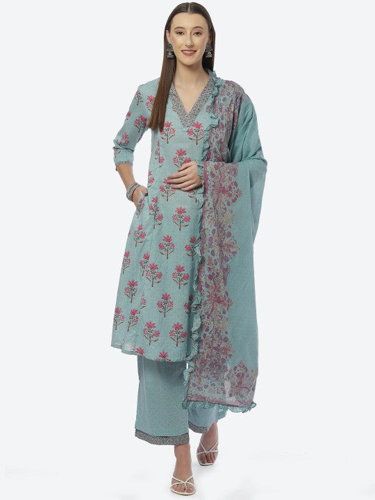 Biba Women Turquoise Blue Floral Printed Kurta with Palazzos & Dupatta