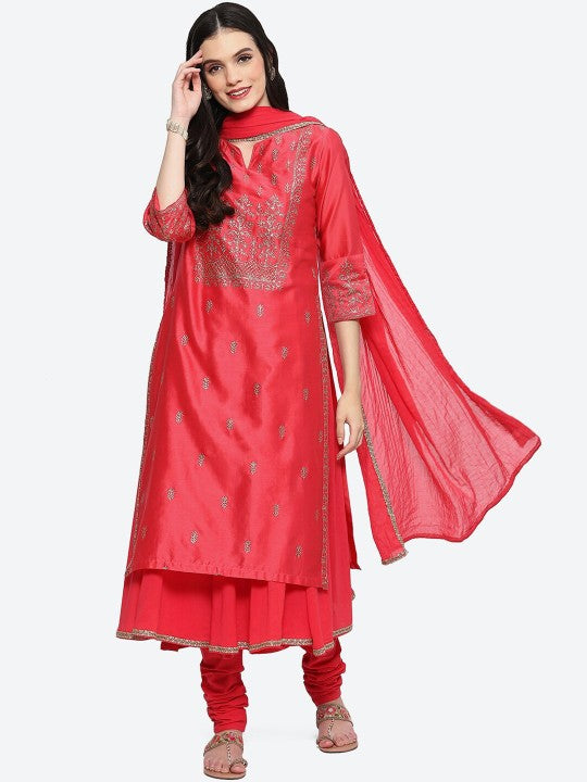 Biba Ethnic Motifs Embroidered Layered A-Line Kurta with Churidar & Dupatta