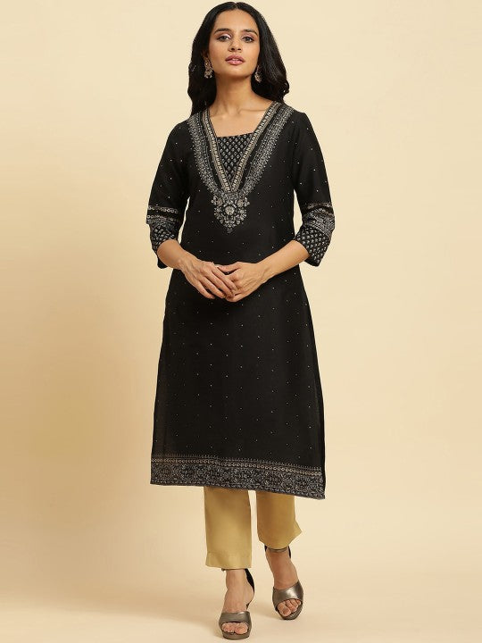 W Black Floral Yoke Design Sequinned Straight Kurta