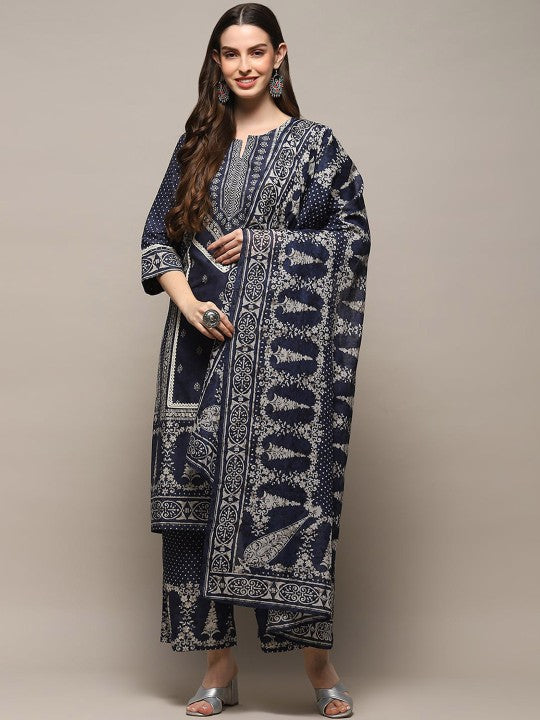 Biba Ethnic Motifs Printed Pure Cotton Kurta With Palazzos & Dupatta - Blue & White