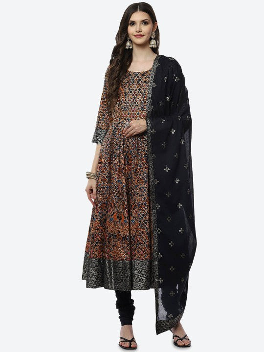 Biba Women Black Ethnic Motifs Printed Kurti with Churidar & With Dupatta