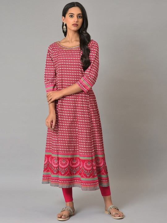 W Festive Floral Print Rayon Kurta With Tight