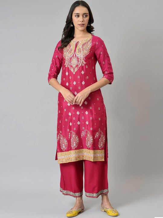 W Women Pink & Gold-Toned Paisley Yoke Design Kurta