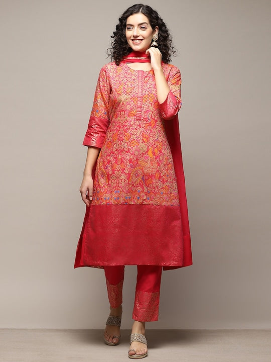 Biba Ethnic Motifs Printed Regular Thread Work Kurta with Trousers & With Dupatta