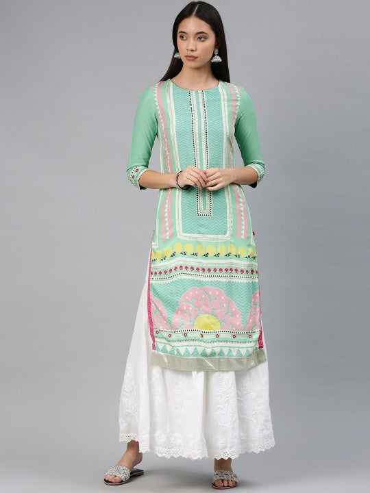 W Women Sea Green Printed Straight Sustainable Kurta