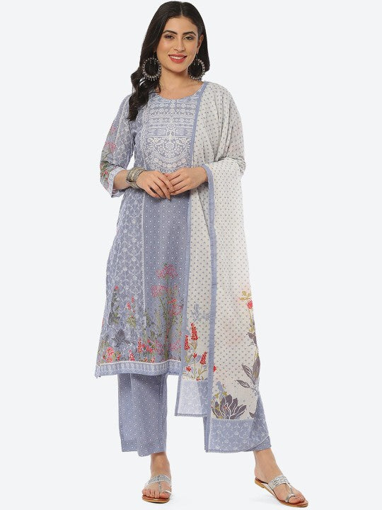 Biba Women Floral Printed Kurta with Trousers & Dupatta - Grey