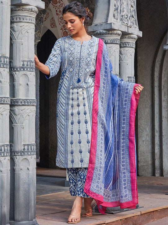 Biba Ethnic Motifs Printed Pure Cotton Kurta With Palazzo & Dupatta