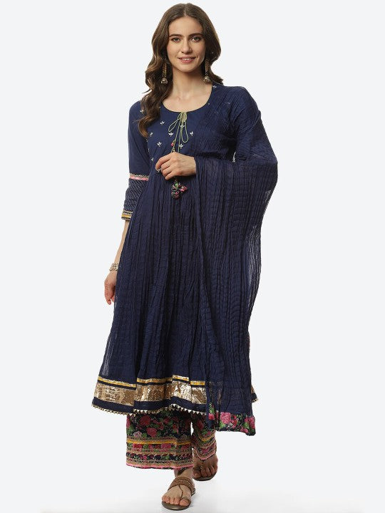 Biba Women Plus Size Navy Blue Floral Embroidered Gotta Patti Kurta with Palazzos & Dupatta