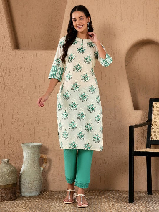 W Straight Cotton Kurta - White & Green