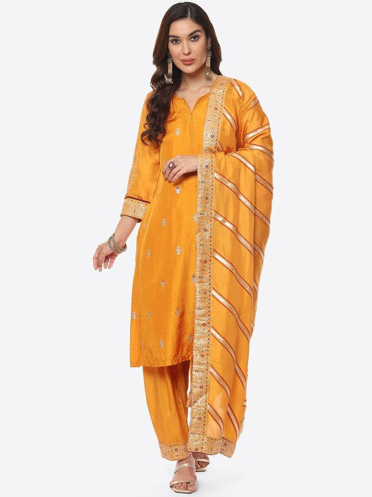 Biba Women Mustard Floral Printed Kurta with Patiala & With Dupatta