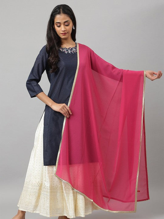 W Pink & Gold-Toned Poly Crepe Solid Dupatta