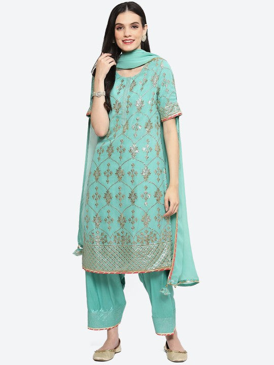 Biba Ethnic Motifs Embroidered Gotta Patti Georgette Kurta with Salwar & Dupatta