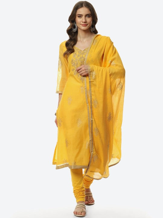 Biba Women Yellow Embroidered Poly Chanderi Straight Kurta with Churidar & With Dupatta