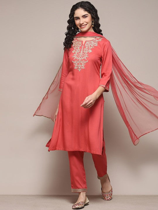 Biba Embroidered Kurta With Trousers & Dupatta