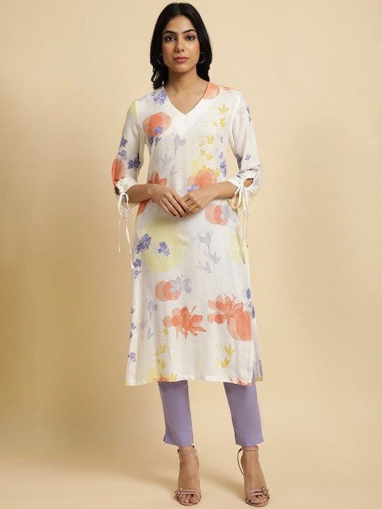 W White & Peach Floral Printed V Neck Kurta