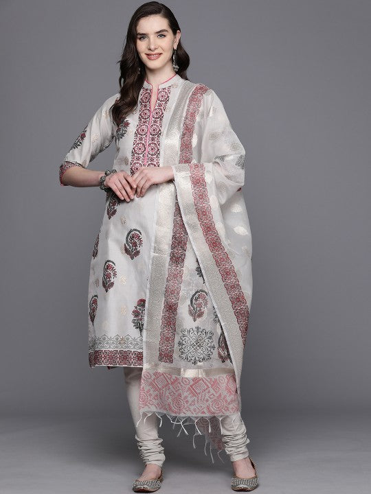 Biba Ethnic Motifs Printed Woven Designed Pure Cotton Kurta with Churidar & Dupatta