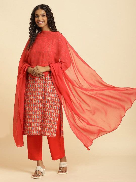 W Red & Gold-Toned Dupatta