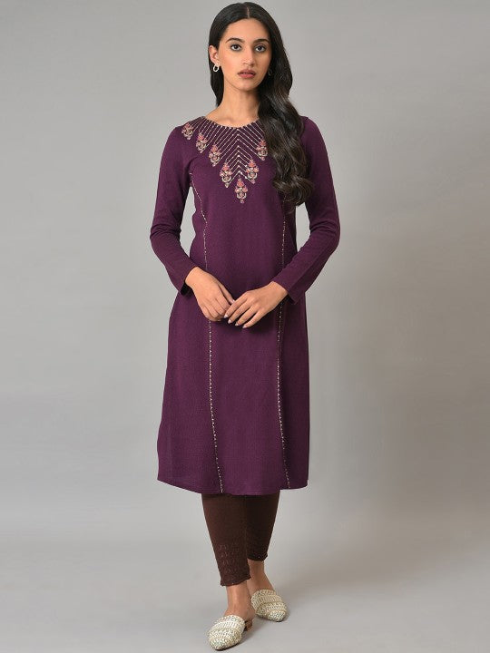 W Round Neck Floral Yoke Design High Slit Acrylic Kurta