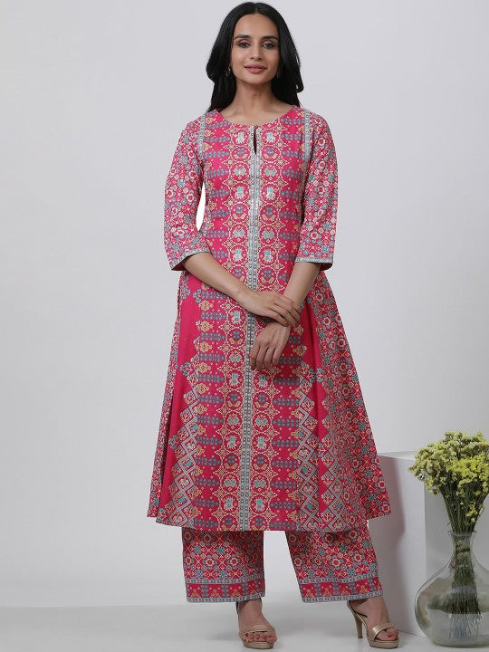 W Ethnic Motifs Printed Keyhole Neck Straight Kurta with Palazzos