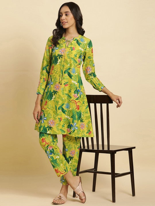 W Floral Printed Tie-Up Neck Pure Cotton Straight Kurta With Trousers