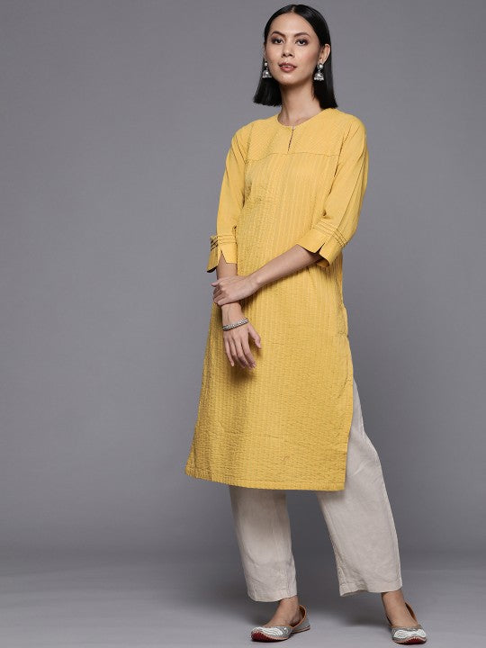 Fabindia FabBasic Women Yellow Solid Gathered & Pleated Pure Cotton Kurta