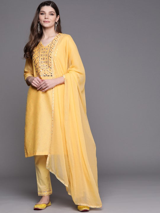 Biba Women Yellow & Silver Mirror Work Kurta with Trousers & Dupatta