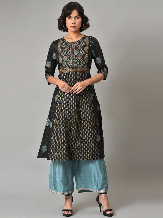 W Floral Printed Keyhole Neck Kurta with Palazzos