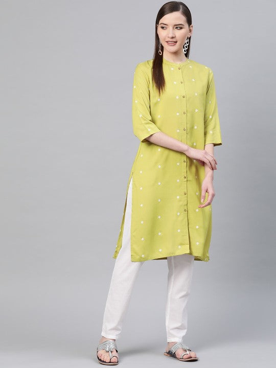W Women Lime Green & Off-White Printed Straight Kurta