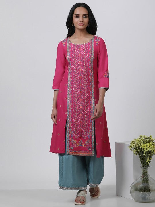 W Floral Printed Regular Thread Work Kurta with Trousers