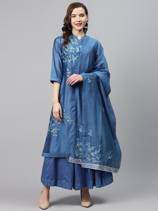 Biba Women Blue Embroidered Kurta with Skirt & Dupatta