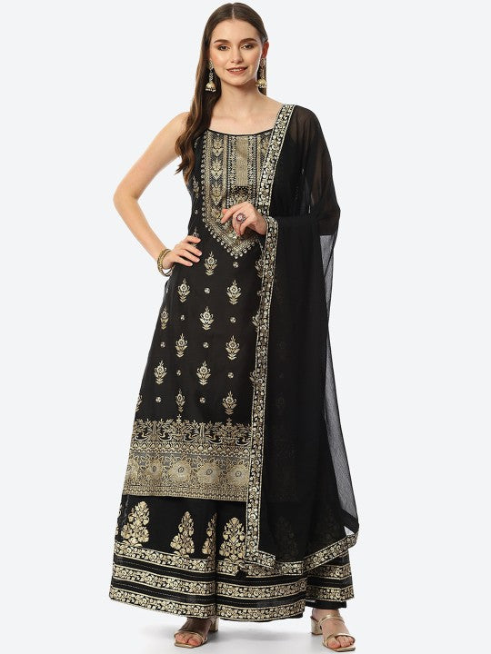 Biba Women Black & Gold Printed Kurta with Sharara & With Dupatta