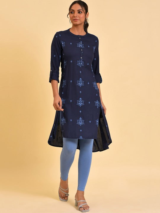 W Navy Blue Ethnic Motifs Printed A-Line Kurta