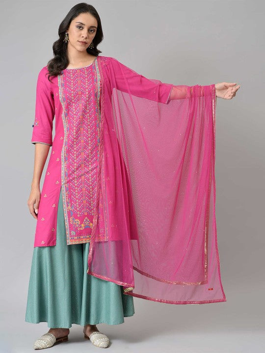 W Pink & Gold-Toned Poly Crepe Dupatta