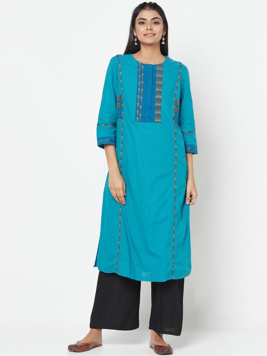Fabindia Women Blue Geometric Yoke Design Cotton Kurta
