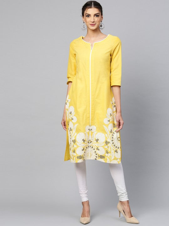 W Women Yellow & White Floral Print Straight Kurta