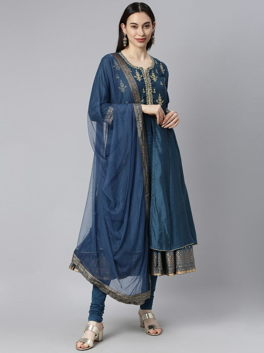 Biba Women Blue Embroidered Kurta with Churidar & With Dupatta