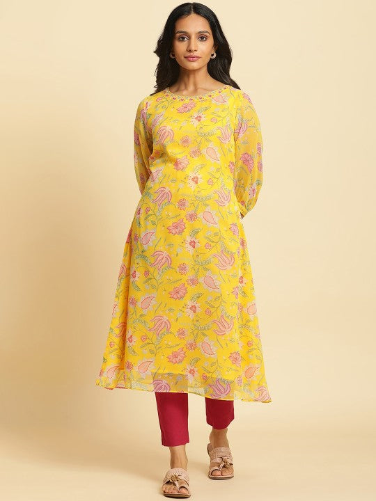 W Floral Printed Puff Sleeves A-Line Kurta